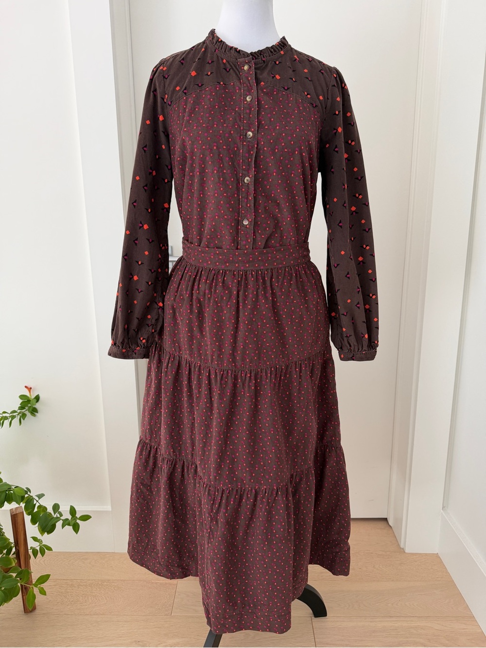 WHITE STUFF 2 Piece Blouse & Ruffle Layer Skirt Corduroy Prairie Western Boho